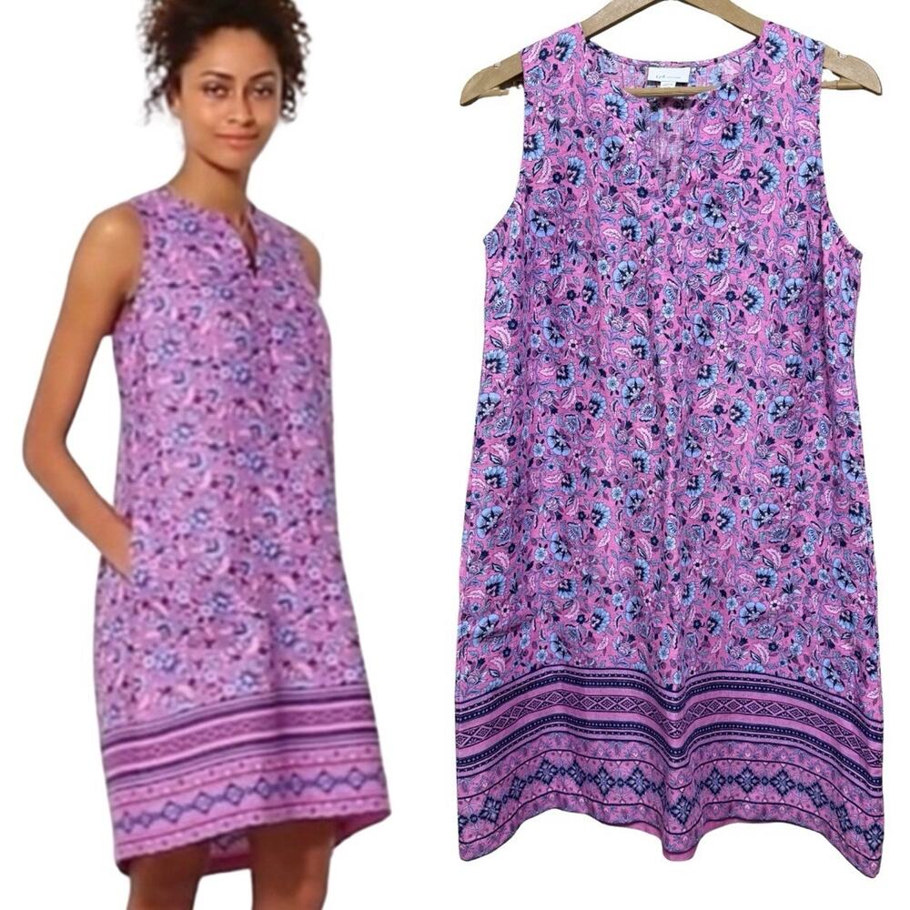 J. Jill LOVE LINEN FLORAL SHIFT DRESS S Petite Lavender Floral Sleeveless EUC
